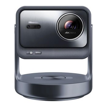 Hisense 4K Ultra HD HDR Smart Mini Projector in sleek black with a rounded base, featuring a prominent lens and textured speaker grille for enhanced audio.