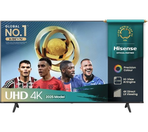 55-inch Hisense E6Q LED 4K HDR Smart TV featuring a sleek black frame, vibrant display, FIFA Club World Cup branding, and images of famous football players.