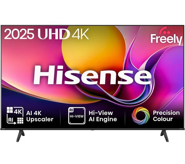 65-inch Hisense E6Q LED 4K HDR Smart TV featuring vibrant colors, sleek black frame, Freely branding, and AI 4K upscaling capabilities.