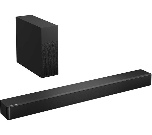 Black soundbar with a sleek design and a textured front, accompanied by a compact black subwoofer, both featuring a modern, minimalist aesthetic.