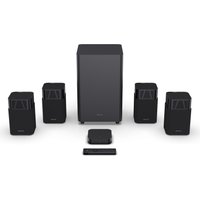 Black Hisense HT Saturn Soundbar set with subwoofer, four satellite speakers, remote, and central unit.