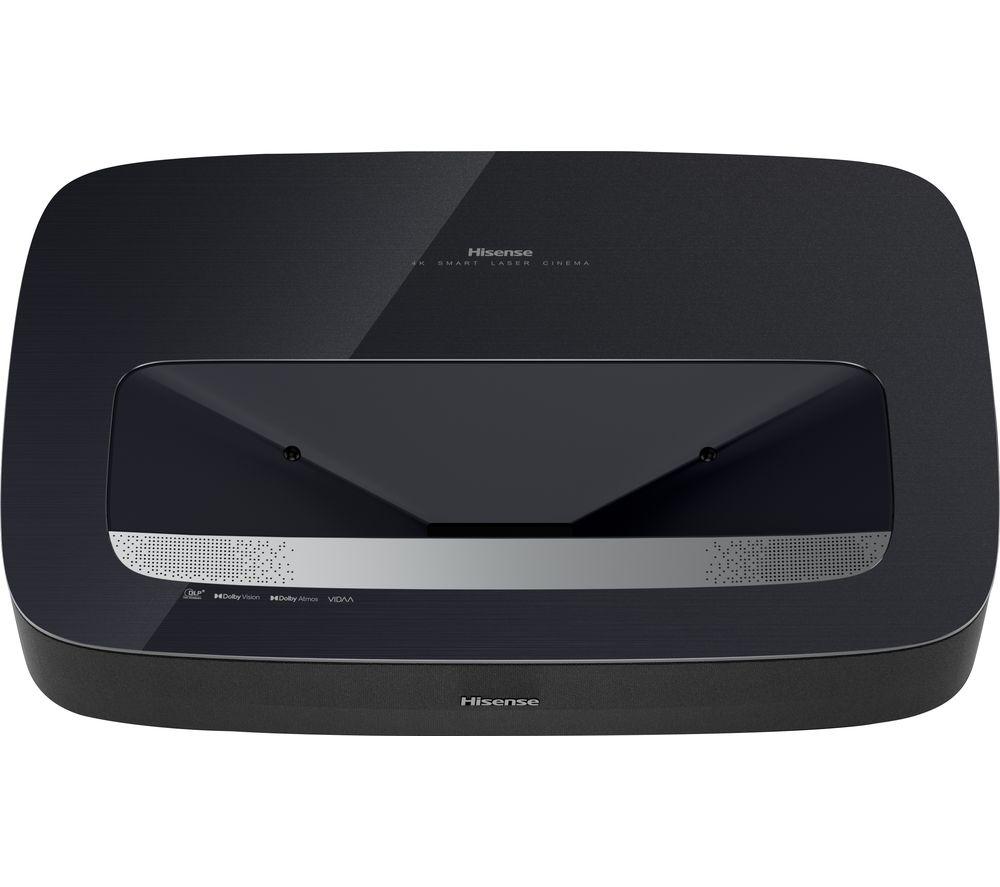 Hisense PL1TUKSE 4K Smart Laser Cinema Projector features a sleek black design with a glossy top, a rectangular shape, and a prominent lens area for optimal projection.