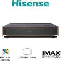 Black Hisense PT1TUK projector with gold trim, ultra short throw, and IMAX Enhanced logo.