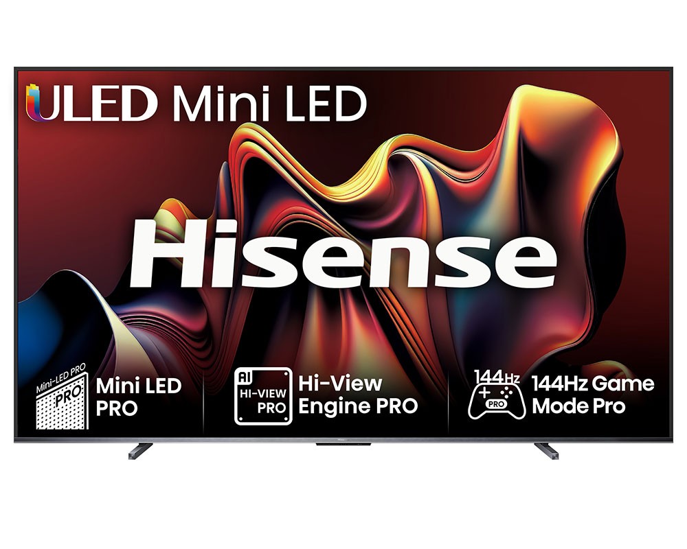 100-inch Hisense U7N 4K Ultra HD Smart TV in black and grey, featuring ULED Mini LED technology, AI-View Engine Pro, and 144Hz Game Mode Pro for enhanced viewing.