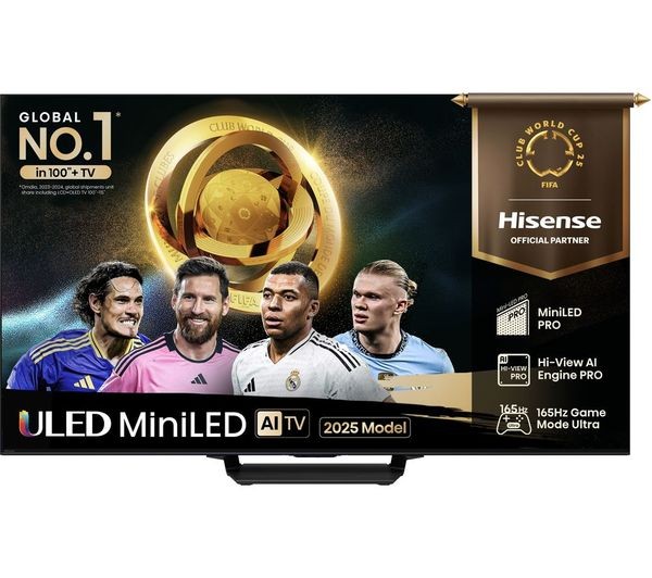 Hisense U7Q PRO 85" Mini LED 4K Smart AI TV featuring a sleek black design, showcasing FIFA World Cup imagery and highlighting 165Hz refresh rate and AI technology.