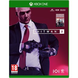 Hitman 2 game case for Xbox One featuring a suited bald man holding a gun, with a purple background and green case, includes Hitman Sniper Assassin DLC pre-order bonus.