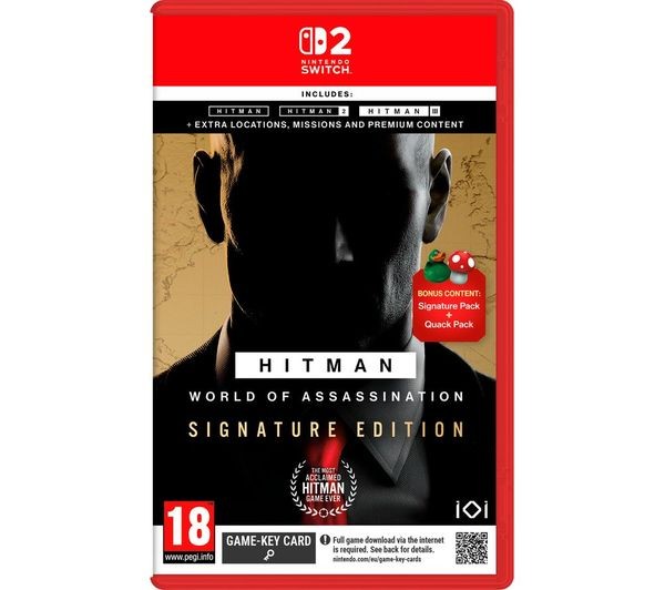 Red Nintendo Switch game case featuring "Hitman World of Assassination - Signature Edition" with gold and black accents, includes bonus content details on the front.