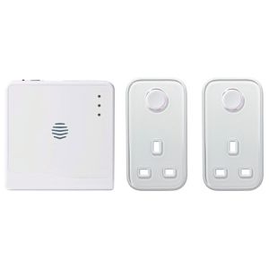Hive Plug Starter Kit featuring two white smart plugs and a central hub, all with a sleek design and minimalistic buttons, ideal for home automation.
