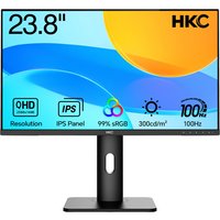 Black HKC B2422F monitor, 23.8" 2K Ultra HD, slim bezel, adjustable stand, vibrant display with icons on screen.