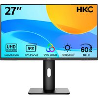 Black HKC B2742A 27" monitor, 4K Ultra HD, slim bezels, sturdy stand, vibrant display with icons for features.