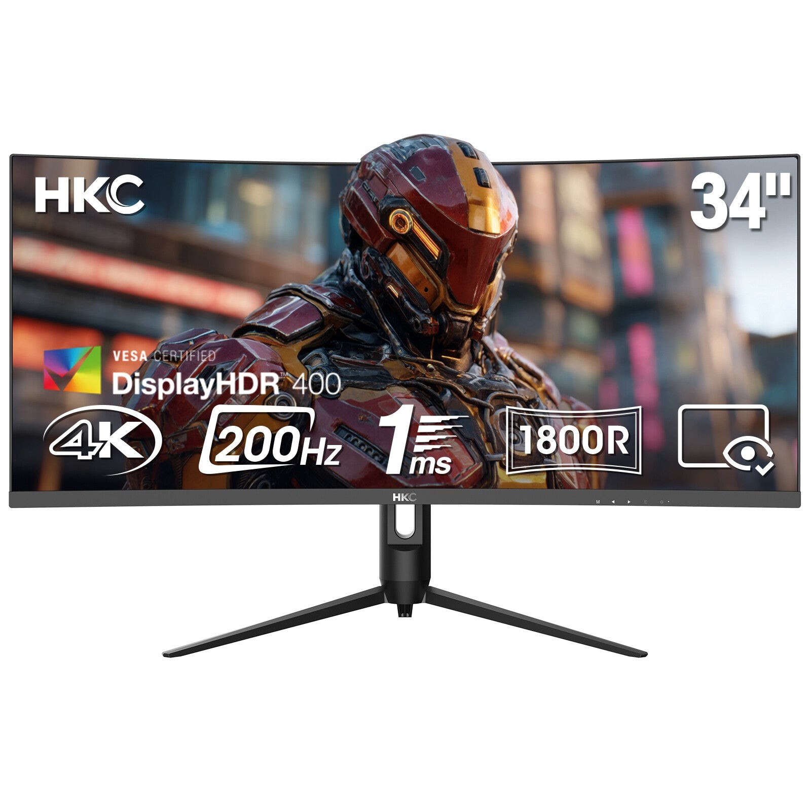 Curved 34" HKC CG345Q monitor with 3440 x 1440 resolution, featuring DisplayHDR 400, 200Hz refresh rate, 1ms response time, and a sleek black stand.