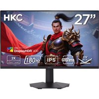 27" HKC monitor with thin bezels, displaying a warrior image, Quad HD 2560x1440, 180Hz, IPS panel, black stand.