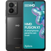 Black HMD Fusion X1 smartphone with dual rear cameras, front display showing colorful graphic and text.
