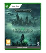 Hogwarts Legacy Deluxe Edition for Xbox One features a green case, dark mystical artwork of Hogwarts, and a prominent title logo at the bottom with dragons flying above.
