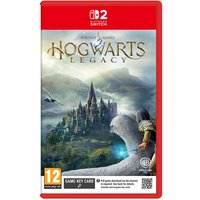 Nintendo Switch 2 game "Hogwarts Legacy" cover with Hogwarts castle, flying owl, and wizard on a griffin.