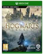 Green Xbox One game case featuring "Hogwarts Legacy" title, with a dark cloaked figure in front of a castle and the Hogwarts logo prominently displayed at the top.