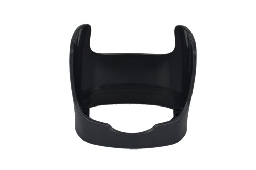Black plastic holder designed for a portable scanner, featuring a curved shape with open sides for easy access and a sturdy base for stability.