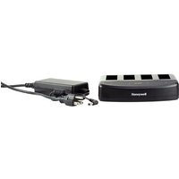 Black Honeywell battery charger with three slots and attached AC power adapter with cords.