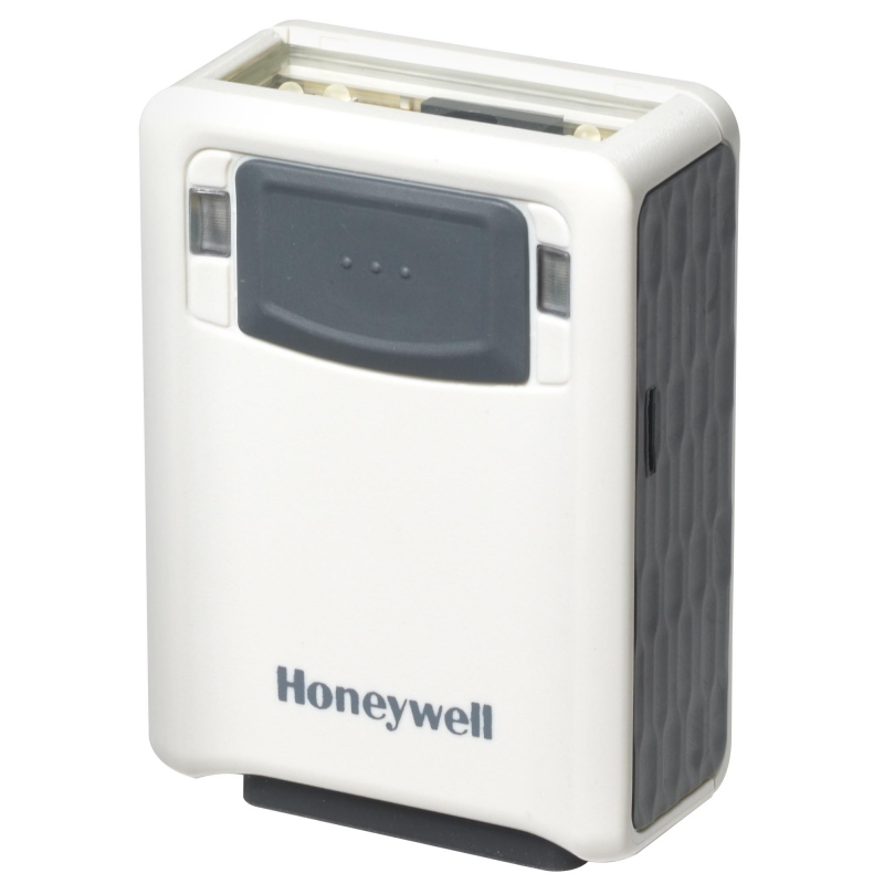Honeywell 3320G-4USB-0 barcode reader in white and gray, featuring a compact design, LED indicators, and a textured grip for enhanced usability.