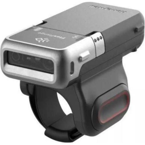 Compact, gray and silver Honeywell 8675i Bluetooth 2D scanner with a sleek design, featuring dual scanning windows and a prominent red trigger button.
