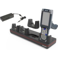 Honeywell CK65 mobile device dock station with four slots, handheld computer, and power adapter.