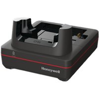 Black Honeywell charging base with red stripe, dual slots for handheld devices, compact square design.
