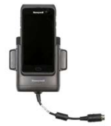 Honeywell CT45-VD-CNV accessory holder in black plastic, designed to securely hold a barcode reader with side grips and a connected power cable.