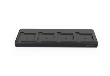 Black, rectangular battery charger with four slots for Honeywell EDA52-QBC-2 handheld mobile computer batteries, featuring a smooth plastic surface and minimalistic design.