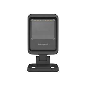 Honeywell Genesis XP 7680g fixed barcode reader in black, featuring a rectangular scanning window, LED indicators, and a sturdy base for stable positioning.