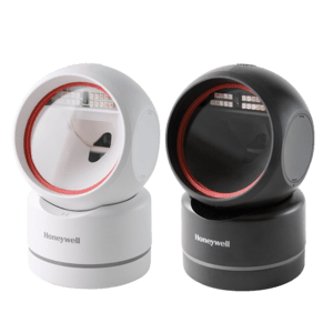 Honeywell Orbit HF680 Barcode Module features a sleek, round design in black and white, with a red accent and a scanning window for 1D/2D barcode reading.