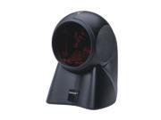 Honeywell Orbit MS7120 scanner in black plastic with a rounded design, featuring a red scanning window and a base for stability, includes an RS-232 cable.