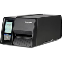 Black Honeywell PM45 Compact label printer with touchscreen, thermal transfer, 203 DPI, front paper output slot.
