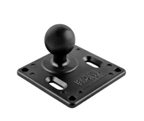 Black mounting kit featuring a square base with multiple holes for installation and a rounded ball joint for secure attachment, made from durable material.