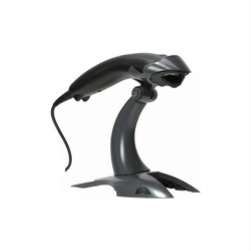 Black Honeywell Voyager 1200G USB barcode scanner with a sleek design, featuring a curved handle and a flexible stand for easy scanning.
