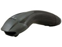 Honeywell Voyager 1202g barcode scanner in grey, featuring a sleek, ergonomic design with a curved body and a scanning window at the front.