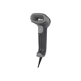 Handheld Honeywell Voyager 1470G2D-2USB-R barcode reader in black and gray, featuring a curved grip, trigger button, and a scanning window at the front.