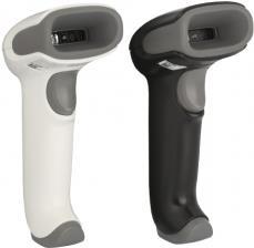 Handheld Honeywell Voyager XP 1472g barcode reader in black and white, featuring a sleek design, ergonomic grip, and LED display for scanning 1D and 2D barcodes.