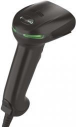Handheld barcode reader in black with a sleek design, featuring a green LED indicator, ergonomic grip, and a scanning window for 1D/2D barcodes.