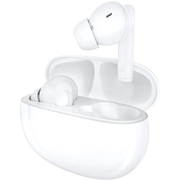 White Honor CHOICE EARBUDS X5 in a sleek charging case, featuring a minimalist design with a glossy finish and ergonomic ear tips for comfort.