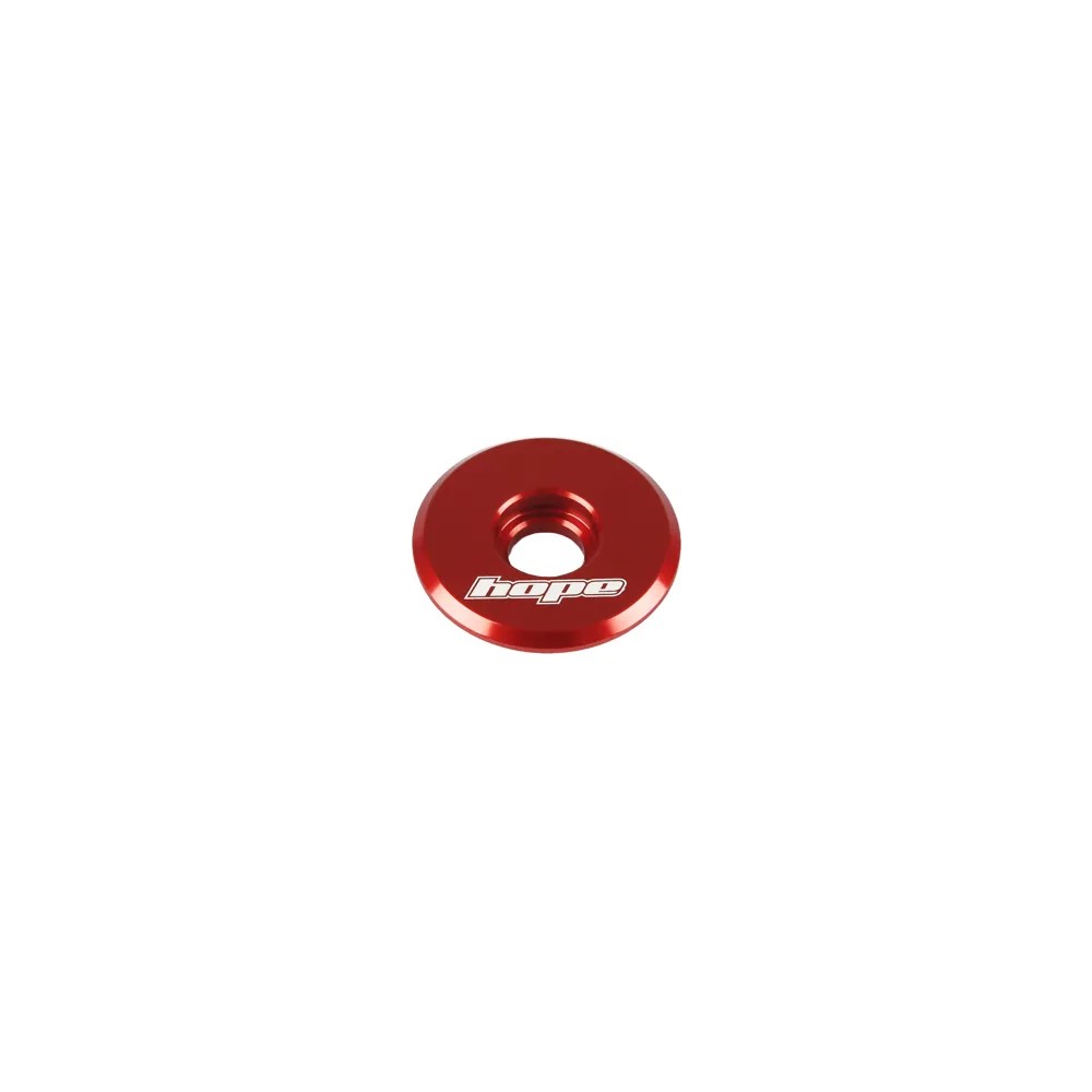 Red aluminum top cap with a circular design and a central hole, featuring the "Hope" logo in white.