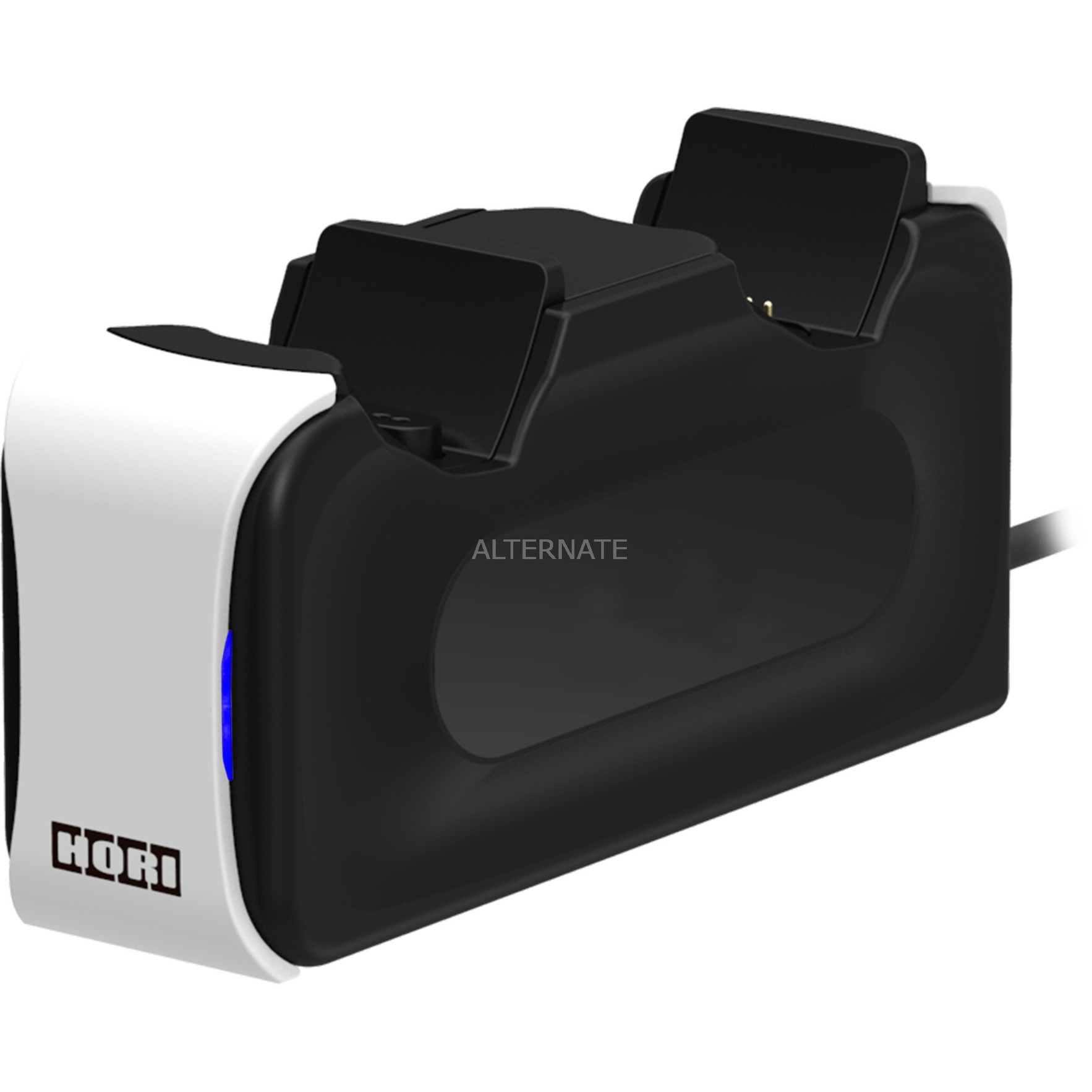 Black and white Hori Dual Charging Station for PS5, featuring two slots for controllers, LED indicator light, and a sleek, modern design.