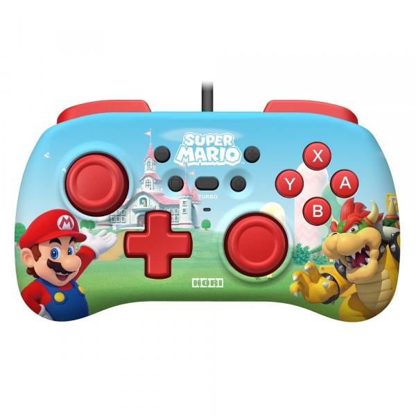Compact blue controller featuring Mario and Bowser graphics, red buttons, and a Super Mario theme, designed for Nintendo Switch by Hori.