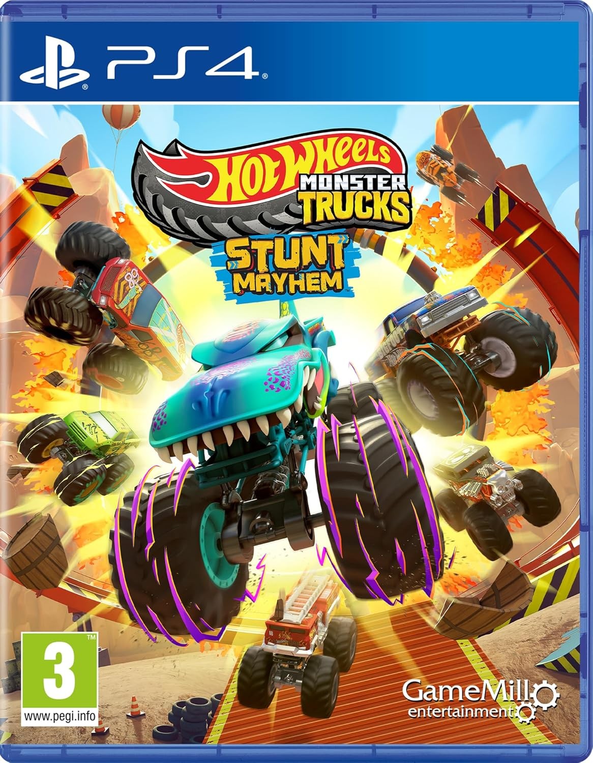Hot Wheels Monster Trucks: Stunt Mayhem for PlayStation 4 features colorful monster trucks, vibrant graphics, and dynamic stunt scenes with a bold title design.