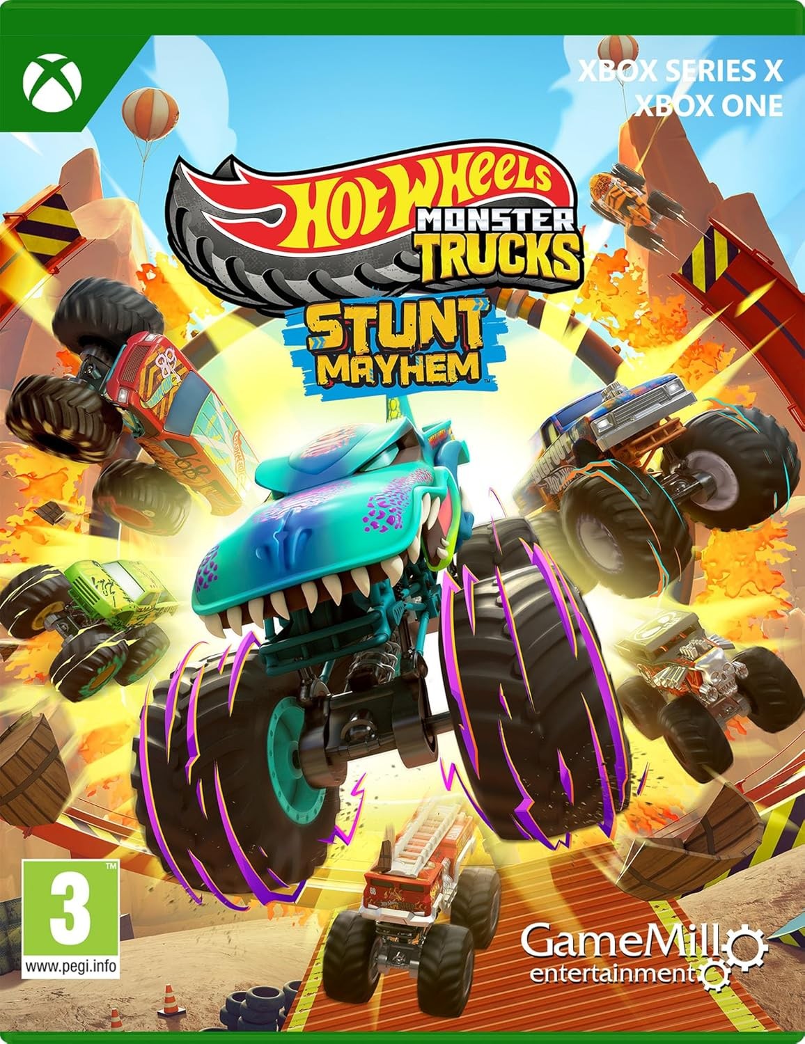 Hot Wheels Monster Trucks: Stunt Mayhem for Xbox Series X features vibrant colors, a cartoonish monster truck with a dragon design, and dynamic stunt scenes in a desert setting.