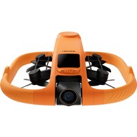 Orange HOVERAir Aqua drone with dual propellers, front camera, and sleek aerodynamic design.