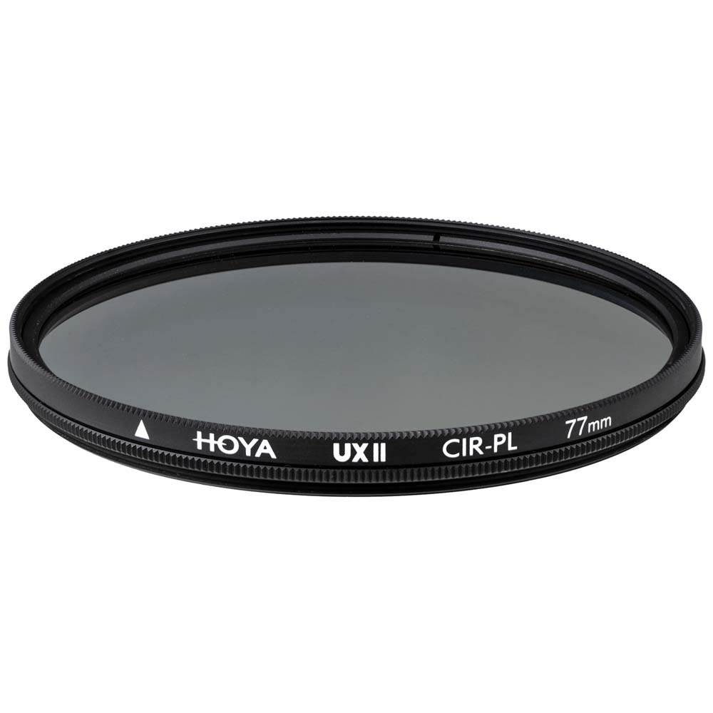 Hoya 37MM UX II PL-CIR circular polarizing filter with a sleek black metal frame and clear glass surface, featuring engraved brand and model details.