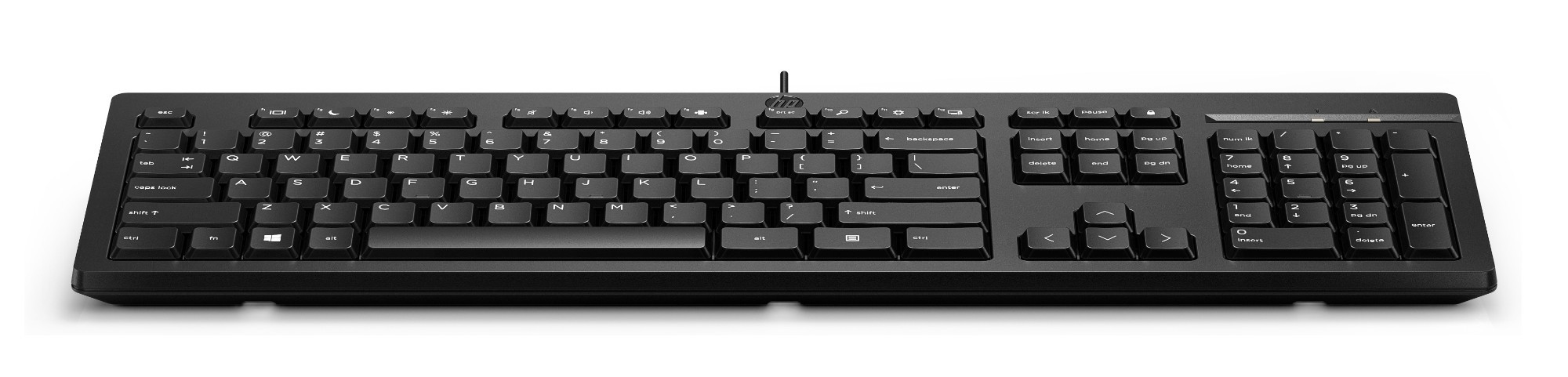 Black HP 125 USB wired keyboard featuring a full layout with standard keys, a sleek design, and a textured finish for enhanced grip.