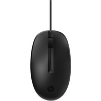 Black HP 125 wired mouse with a sleek design, scroll wheel, and HP logo on the top surface.