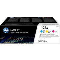 HP 128A 3-pack toner cartridges box, black with cyan, magenta, yellow dots and LaserJet branding.