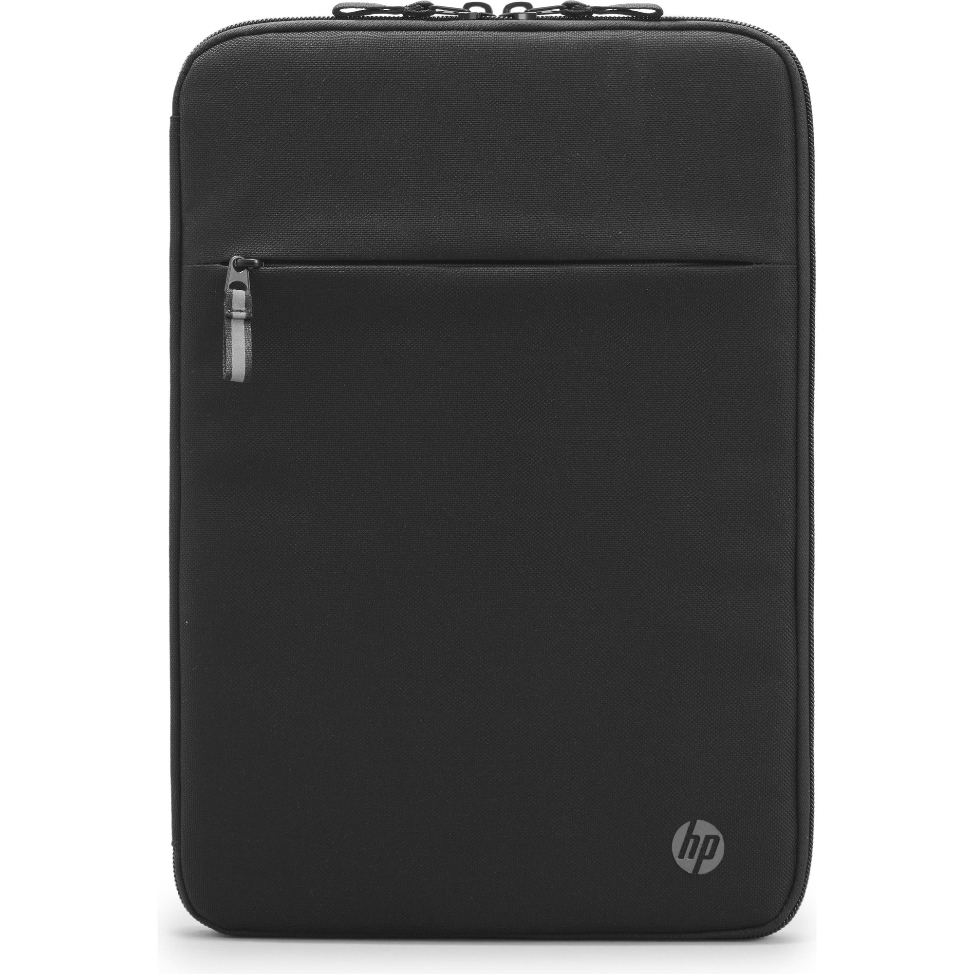 Black HP 14.1-inch laptop sleeve made of durable material, featuring a zippered closure and a front pocket for additional storage, with a subtle HP logo on the bottom right.